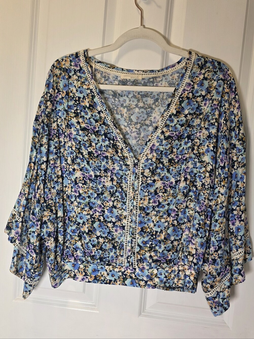 lovestitch Floral V-Neck Peasant Blouse in Light Blue and Lavender